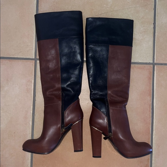 Two Tone Black & Brown Knee High Leather Boots with Gold Accents - Picture 6 of 11